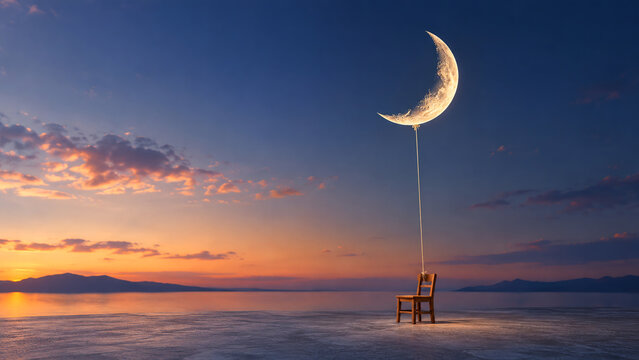 Surreal composition of a glowing crescent moon tied like a balloon to a lone wooden chair during a serene sunset over the ocean. Dreamy aesthetic concept.