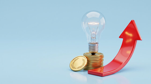 Inflation arrow red economy symbol with light bulb and coin. Financial crisis recession. stock price increase falling, bankruptcy risk loss, chart graph statistic