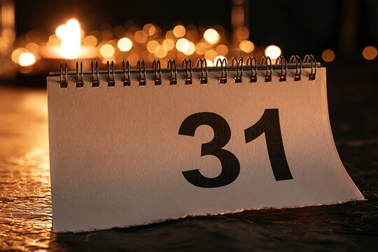 Close-up of a calendar page showing the number 31, illuminated by soft, warm candlelight, symbolizing the end of the month or year