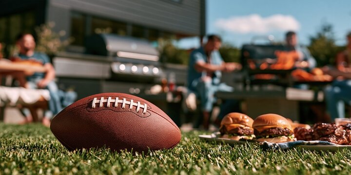 American football on grass with backyard BBQ party and burgers in background