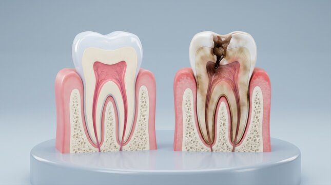 A cross-section illustration showing a healthy tooth compared to a tooth with severe tooth decay.