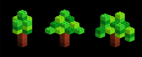Naklejka premium Realistic isometric 3D trees made by plastic blocks isolated. Pixel brick Christmas tree. Vector illustration png