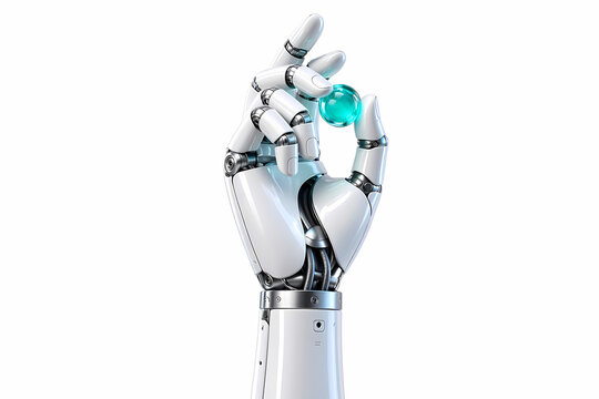 Robotic bionic hand holding glowing digital orb node isolated on solid white background for AI technology