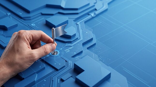 Blue strategy map with hand placing metal flag marker
