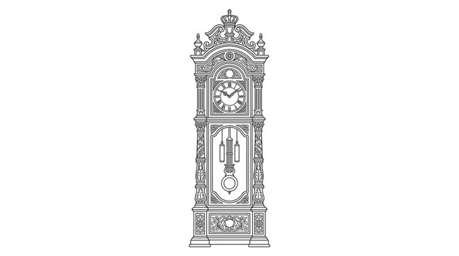 Elegant vintage grandfather clock illustration with intricate decorative carvings and classic pendulum design.