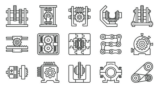 Mechanical Gear Transmission and Engineering Component Icons Set