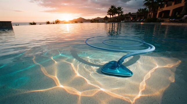 Automatic pool cleaner submerged in clear water during golden sunset