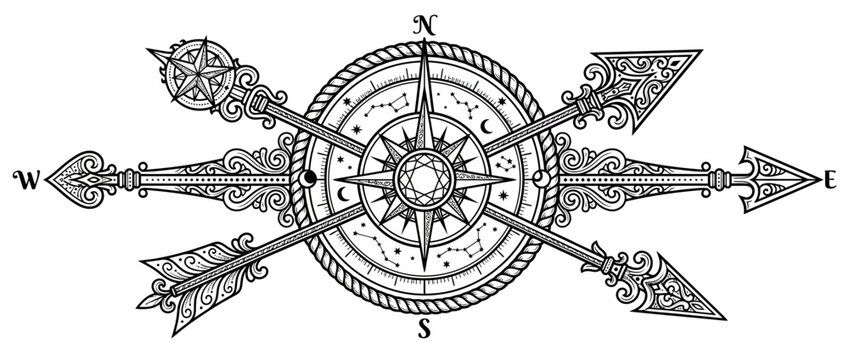 Ornate Compass Rose with Arrows and Constellations