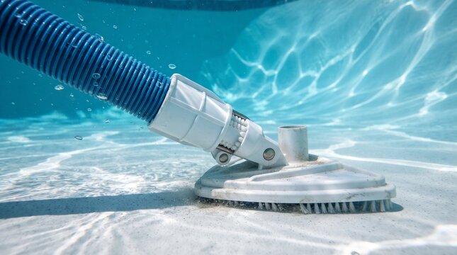 Underwater view of pool vacuum cleaning the bottom of swimming pool