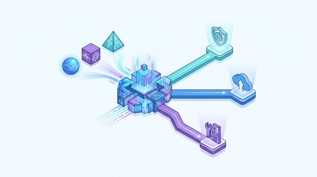 Isometric illustration showing a central AI processor categorizing diverse data inputs and routing them to security shield, cloud storage, and system maintenance channels.