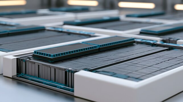Modern solid state battery modules arranged in a grid with blue and black components under soft lighting