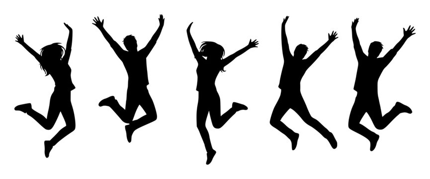 Silhouetted figures jumping in joy set with simple line art design featuring sketches, drawings, vector graphics with minimalist and simple illustrations