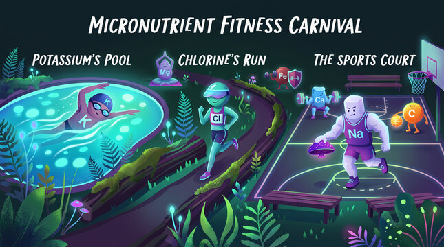 funny cartoon vitamin and mineral sportsman characters fitness vector banners set potassium swimming chlorine jogging sodium playing basketball micronutrients workout illustration