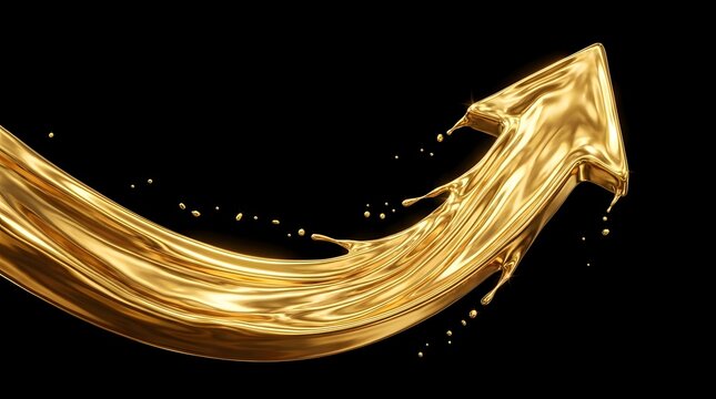 Dynamic 3D Golden Liquid Arrow Curving Upward with Metallic Splashes on Black Background, Representing Financial Growth, Business Success, Economic Recovery, and Significant Upward Momentum.