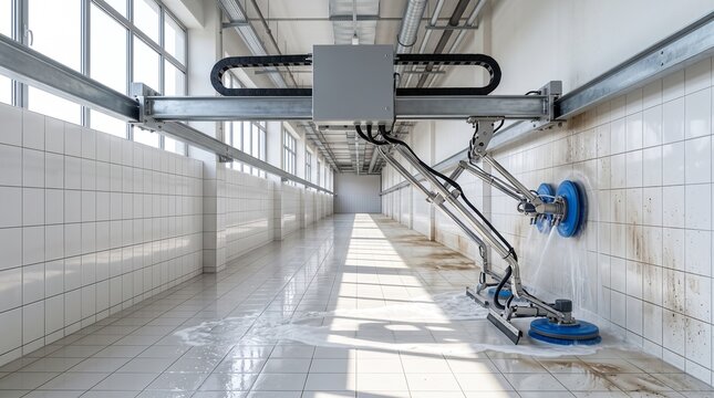 Industrial washing machine cleaning tile walls in a large factory tunnel