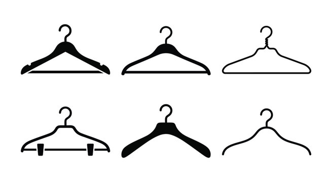 Fashion clothes hanger icon collection with assorted hanger styles. Simple black vector symbols for wardrobe, clothing storage, apparel, retail, fashion, closet, and organization.