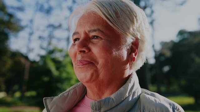 Thinking, smile and old woman outdoor with breathing, daydream and nostalgia in calm mindset. Retirement, reflection and elderly person with fresh air, flashback and peaceful perspective in park