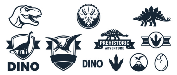 Dinosaur logos and prehistoric adventure icons. Retro dino symbols and vintage prehistoric emblems. T-Rex, Stegosaurus, Triceratops, Pterodactyl, Dino footprints, Adventure, Shield, Badge. Vector. © ocmtvpjsn.pro