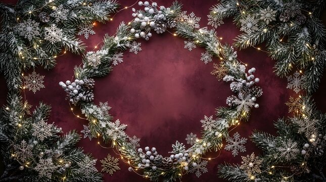 Festive christmas wreath made of pine branches and decorative snowflakes on a dark red textured background