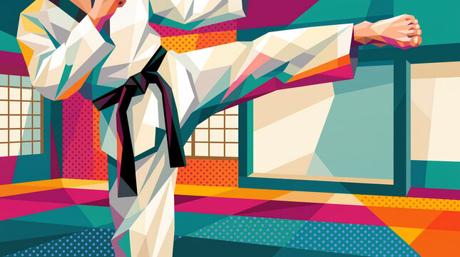 dynamic taekwondo illustration dobok martial artist performing poomsae kick in dojo with black belt perfect for background poster media design