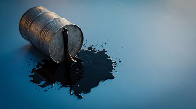 Industrial metal barrel leaking thick black oil onto a blue surface representing an environmental hazard