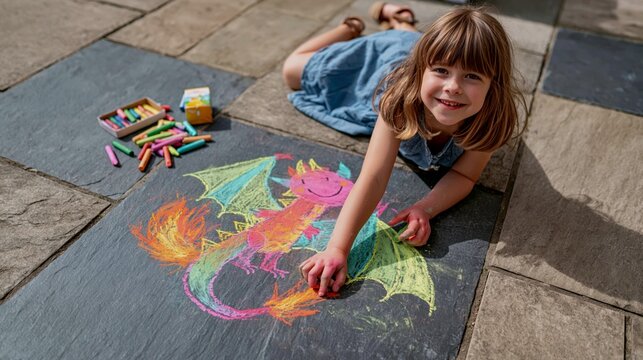 A Child Drawing a Dragon with Chalk on a Slate Floor