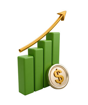3d render of a green bar chart with a rising golden arrow and a dollar coin isolated on transparent background