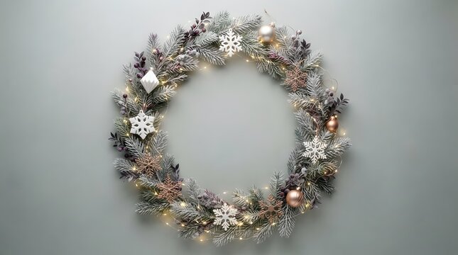 Elegant christmas wreath with silver pine cones and decorative snowflakes hanging on a neutral grey wall