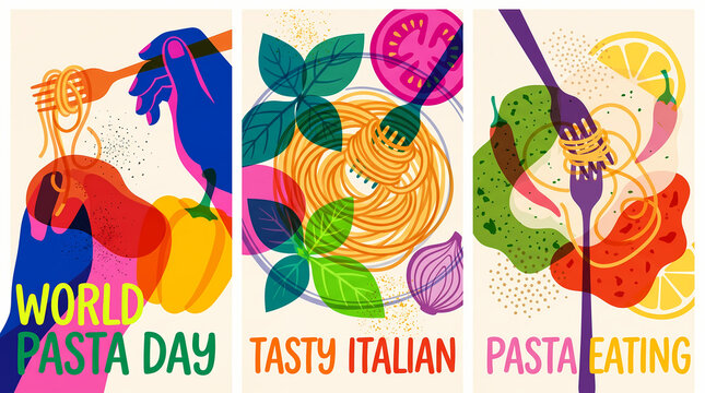 vibrant spaghetti on fork abstract poster set trendy italian pasta eating design for restaurant menu world pasta day hand lettering bright colored typography flat vector illustration