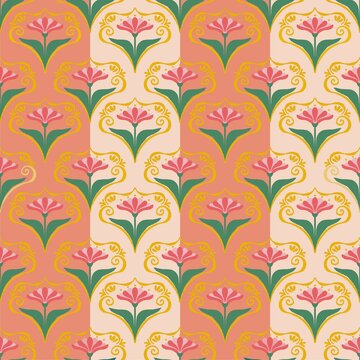 Vintage floral damask seamless pattern in peach and cream tones