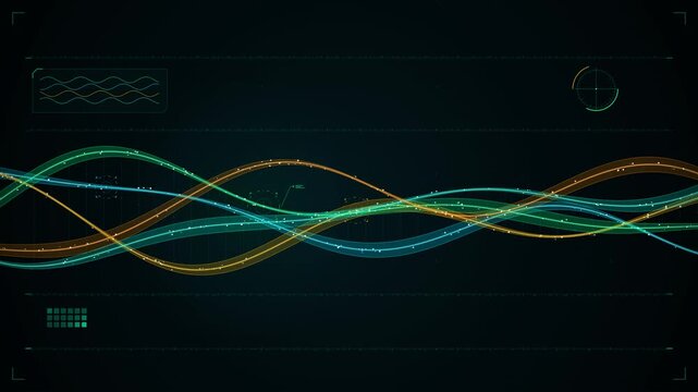 4K seamless motion loop of braided multi-strand chromatographic energy ribbons weaving horizontally across a futuristic science HUD telemetry display.