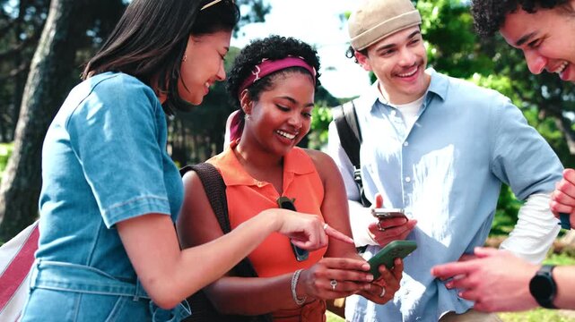 Students, laugh and people in college with phone, bonding or share funny AI meme on social media app. Happy, friends and break outdoor in university with tech, conversation and joke in group chat.