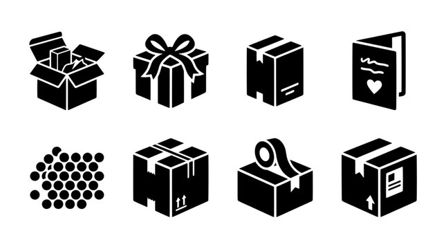 Shipping and logistics icons set. Depicting cardboard boxes parcel delivery bubble wrap gift box with ribbon and greeting card presented as minimalist black glyph vector illustrations.