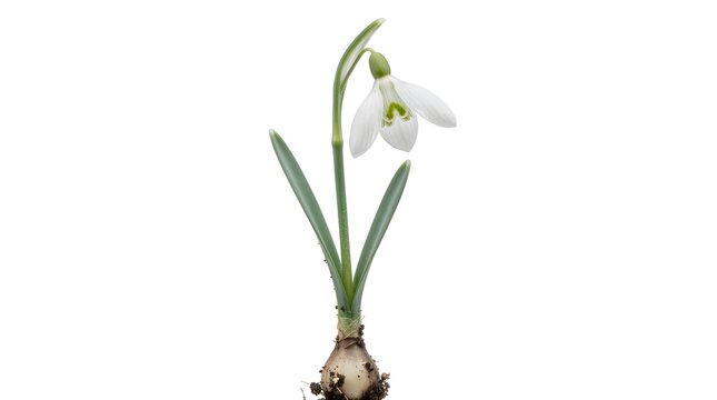 A single delicate white snowdrop flower with green leaves and a bulb isolated on a white background