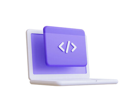 3d illustration of a laptop with a coding icon isolated on transparent background