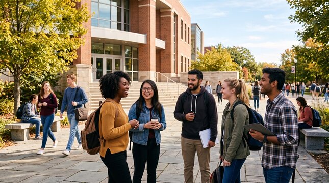 Diverse group of college students chatting and laughing outside a university building on a sunny autumn day
