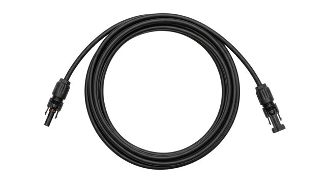 Black solar panel extension cable with MC4 connectors, coiled solar wire on white background, renewable energy equipment