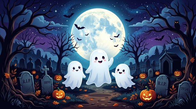 Cute little friendly ghosts floating in a spooky graveyard under a glowing full moon with jackolanterns