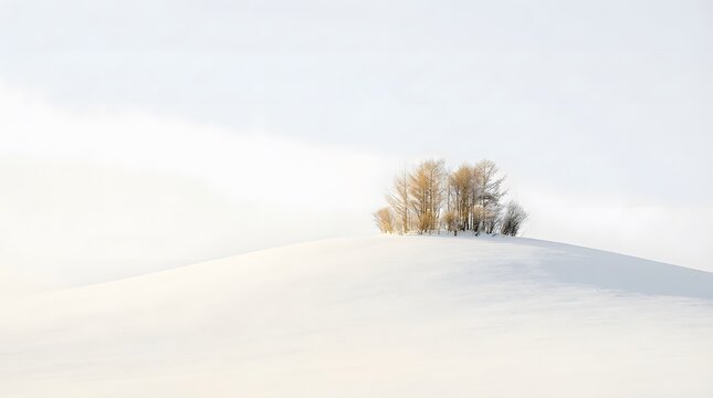 Winter landscape with a small cabin nestled in a snowy field and foggy atmosphere