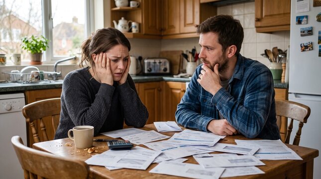 Couple looking stressed and worried while reviewing bills and finances at kitchen table