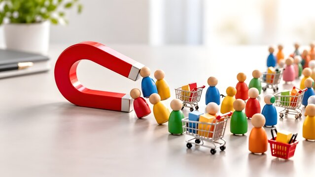 Customer acquisition marketing strategy concept showing a large red magnet attracting colorful wooden peg figures with shopping carts symbolizing lead generation and consumer targeting.