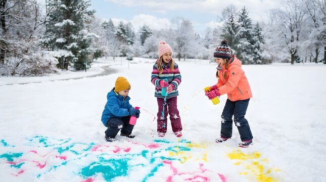 Three young children happily playing with colorful spray snow in a winter wonderland scene
