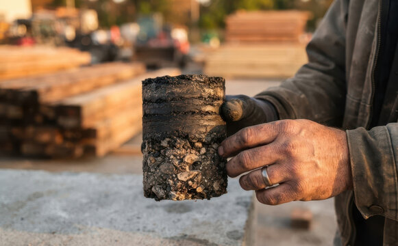 A construction worker holding a freshly drilled asphalt core sample representing road analysis and quality testing