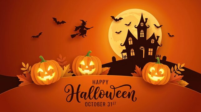 Happy halloween october 31st greeting card background with haunted house witch and carved pumpkins