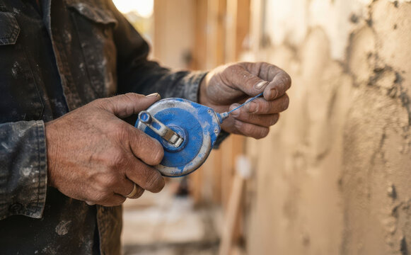Middle aged male construction worker using chalk line tool on fresh plaster wall indoors