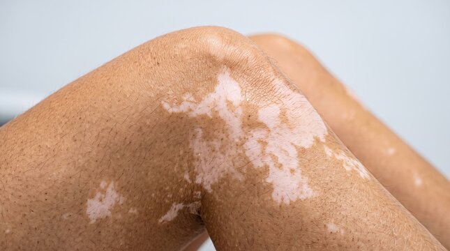 Close up of a person's knee and leg displaying prominent vitiligo skin pigmentation loss