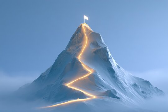 A snowy mountain peak with a winding glowing path leading to a white flag at the summit, set against a clear blue sky.