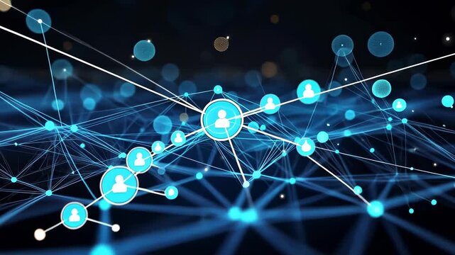 Abstract digital connection network with glowing blue nodes and human icons representing global communication systems