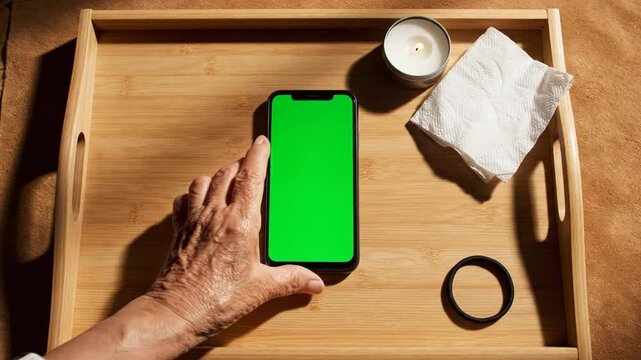 Elderly Hand Picking Up Green Screen Phone on Self-Care Tray with Lit Candle