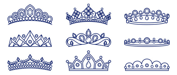 Royal crowns and tiaras with intricate designs. Elegant regal headpieces and coronets. Crown, Tiara, Diadem, Coronet, Headband, Circlet. Ornate vector designs for branding, logos, invitations. Vector. © andhikanov